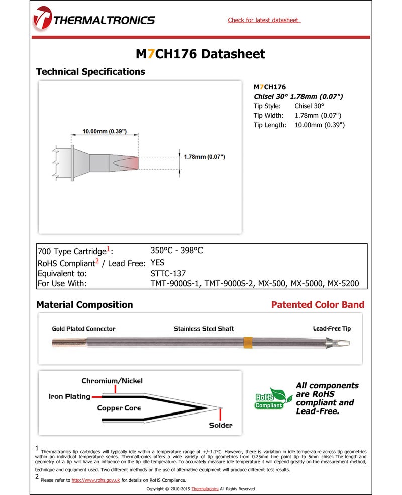 Thermaltronics M7CH176 Chisel 30deg 1.78mm (0.07in) interchangeable for Metcal STTC-137